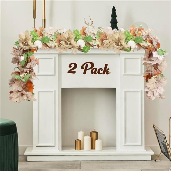 2 Pack Fall Leaves Garlands 6Ft Autumn Leaves Decor with Pumpkins for Home - Picture 1 of 7